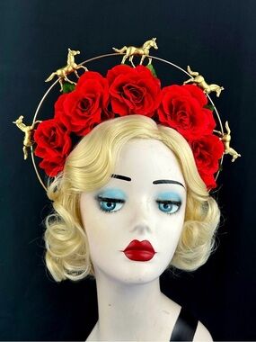 Sale‼️ Red Rose Halo Headpiece Floral Kentucky Derby Crown